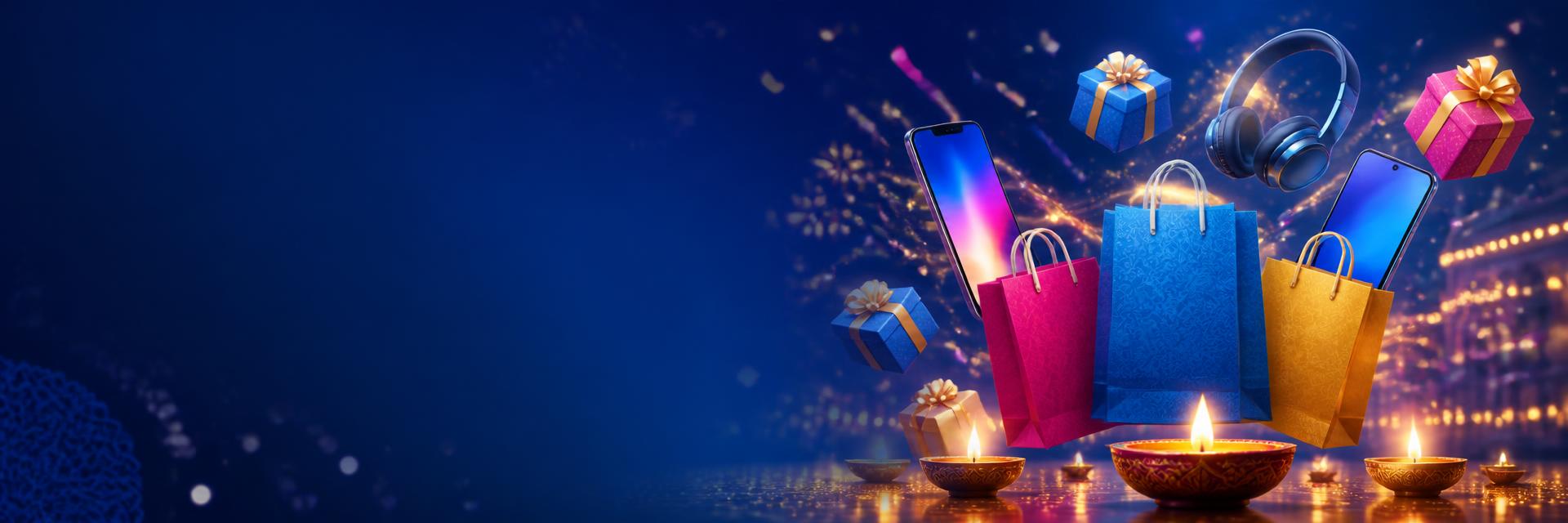 Festive shopping bags, gadgets and diyas representing Flipkart Big Billion Days savings